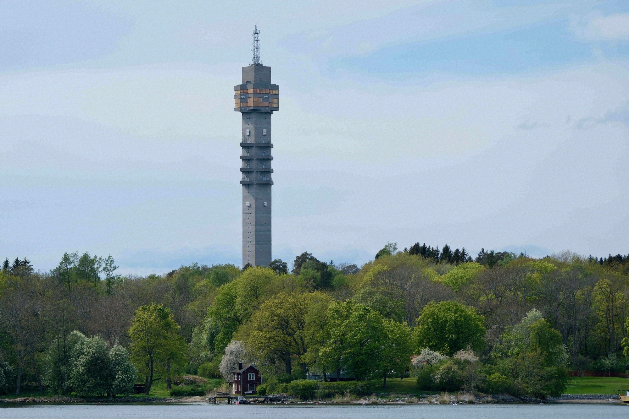 Kaknästornet, Stockholm's landmark telecommunications tower on Djurgården, photographed from the water.