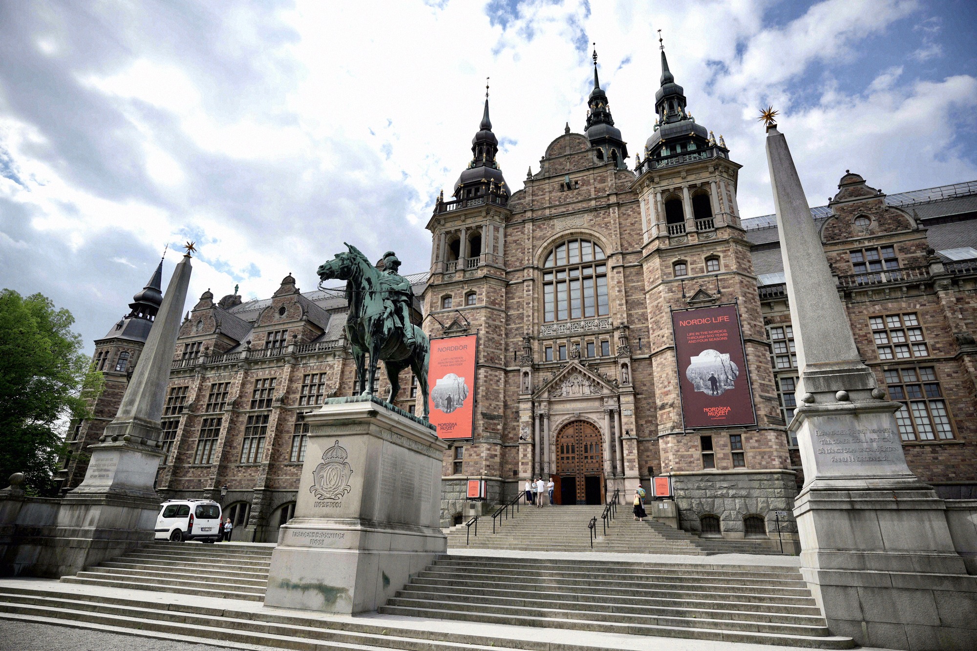 The Nordic Renaissance façade of the Nordiska museet on Djurgården. The Nordic Renaissance façade of the Nordiska museet with equestrian statue and exhibition banner