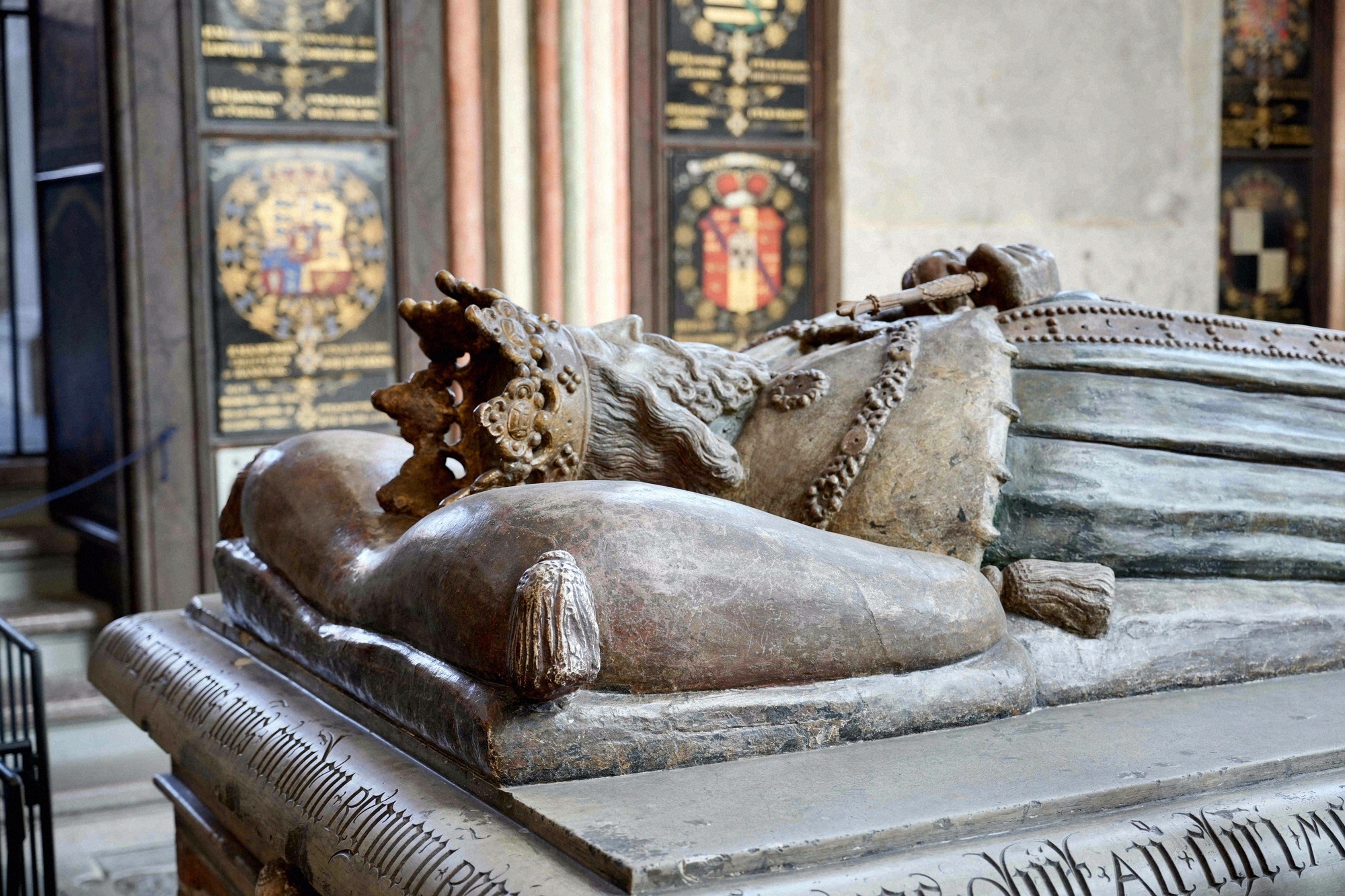 Royal sarcophagus with bronze crown in the burial church of the Swedish monarchs. Royal sarcophagus with bronze crown and coats of arms inside the church