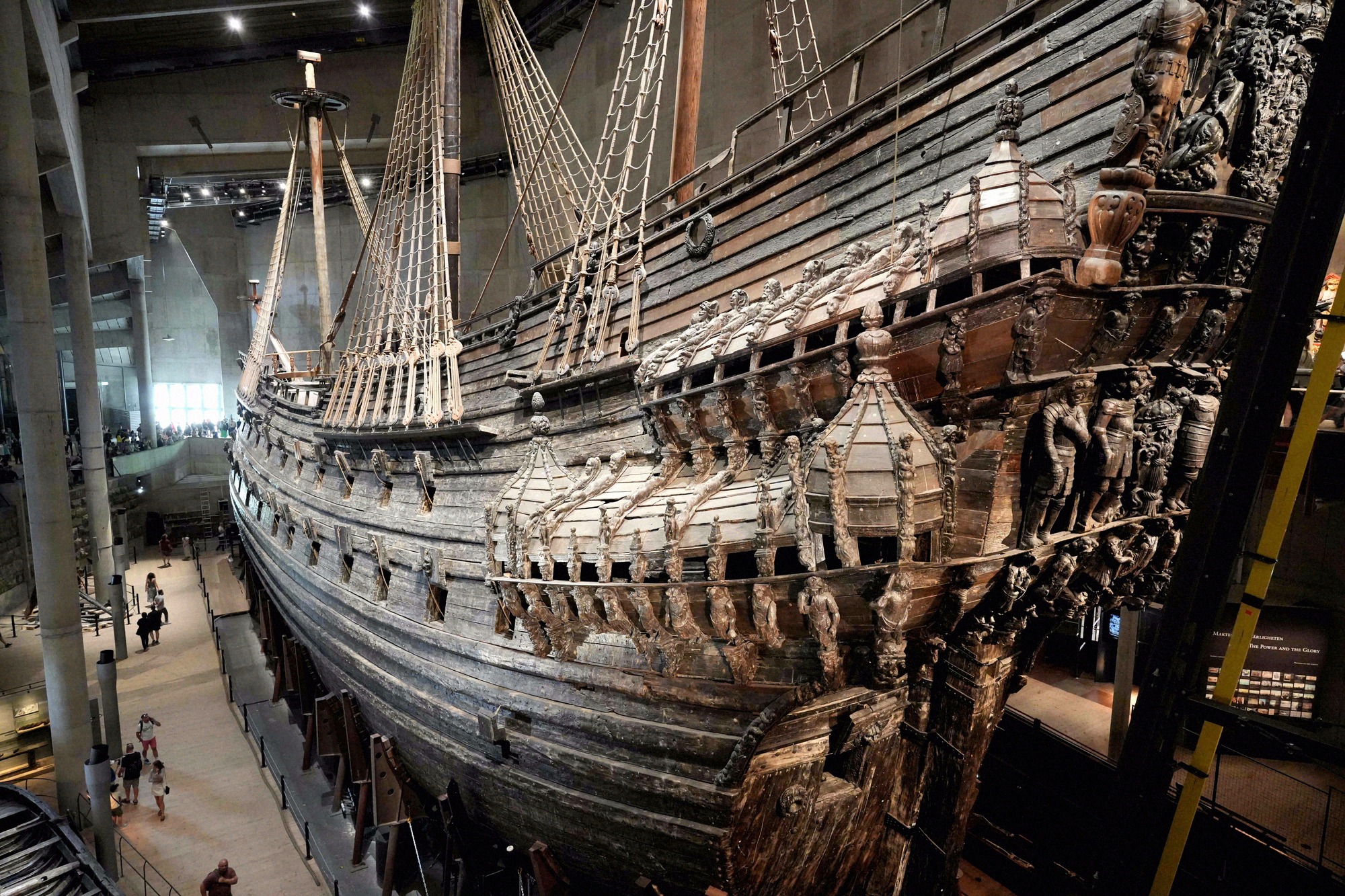 The richly decorated stern of the Vasa in the museum hall on Djurgården. The richly decorated stern and starboard side of the warship Vasa in the museum hall